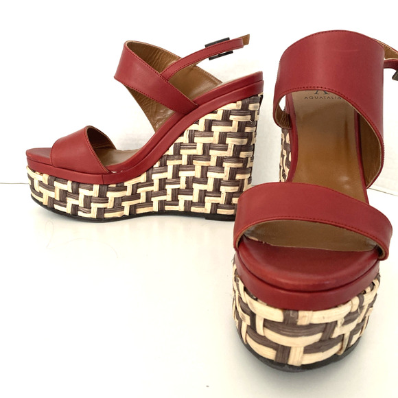 Aquatalia Carmela Sandal Espadrille Wedge Heel Red Leather Buckle Platform 8 - Picture 8 of 10